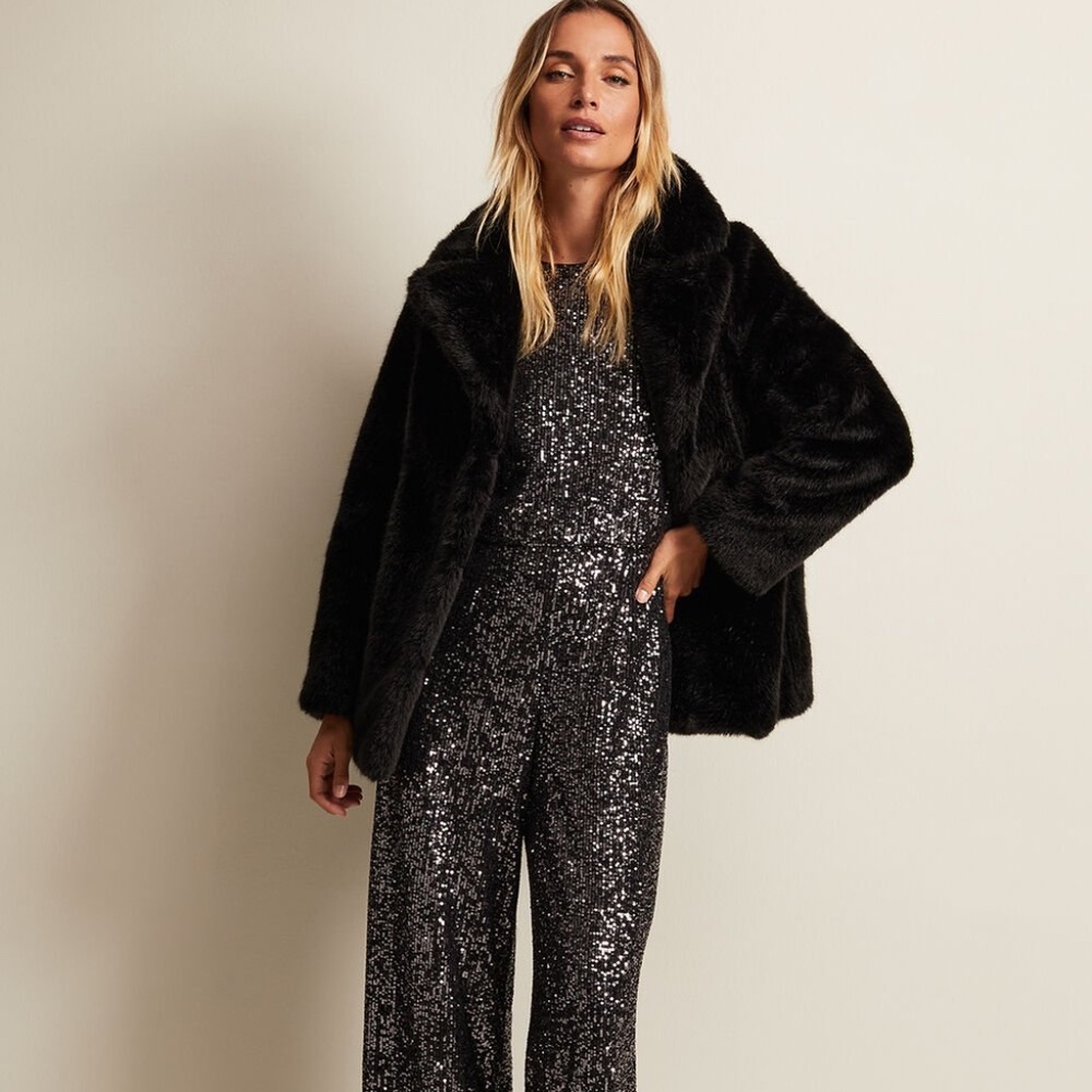 INC INTERNATIONAL CONCEPTS BLACK FAUX FUR COAT